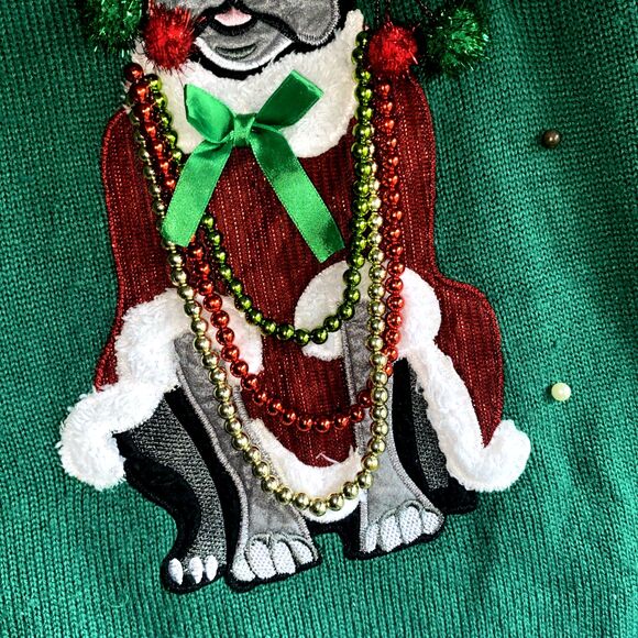 Holiday Time Ugly Sweater Womens Large Green Christmas Holiday French Bulldog - Picture 3 of 10